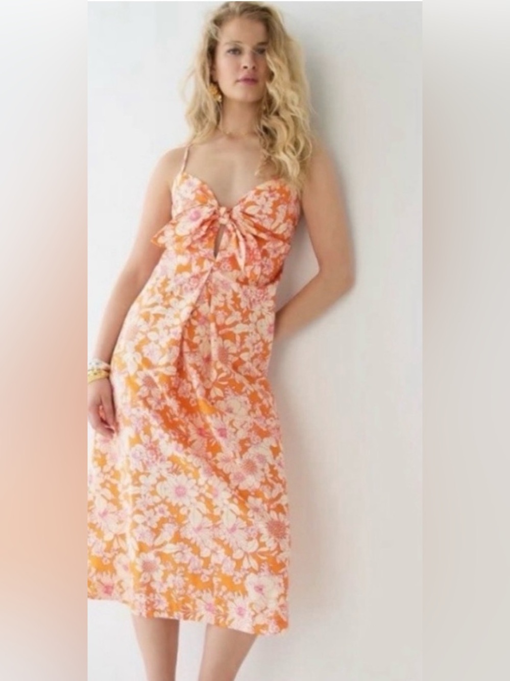J Crew Orange floral cotton poplin tie front midi dress